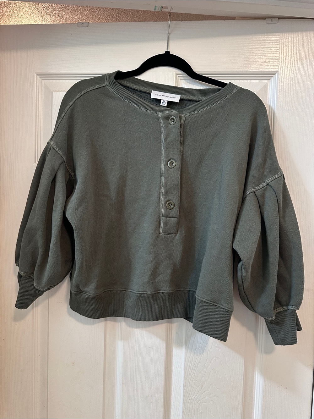 Something Navy Olive Puff-Sleeve Henley Sweatshirt